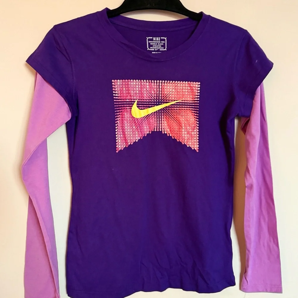 Nike Girls Purple Rhinestone Swoosh Long Sleeve Top Size L